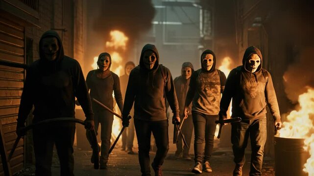 Group of Masked People Walking Through an Alleyway Amidst Burning Barrels and Smoke