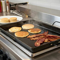A flat, round griddle is isolated on a white background, featuring a smooth cooking surface and handle