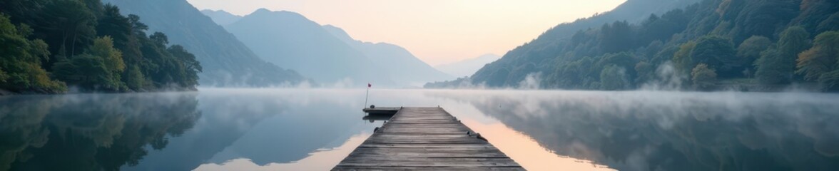 Obraz premium Traditional lakeside landing stage, misty Derwentwater morning, travel, spring