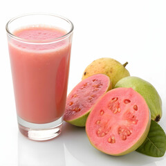 A glass of guava juice is isolated on a white background, highlighting its vibrant color, refreshing texture, and tropical flavor