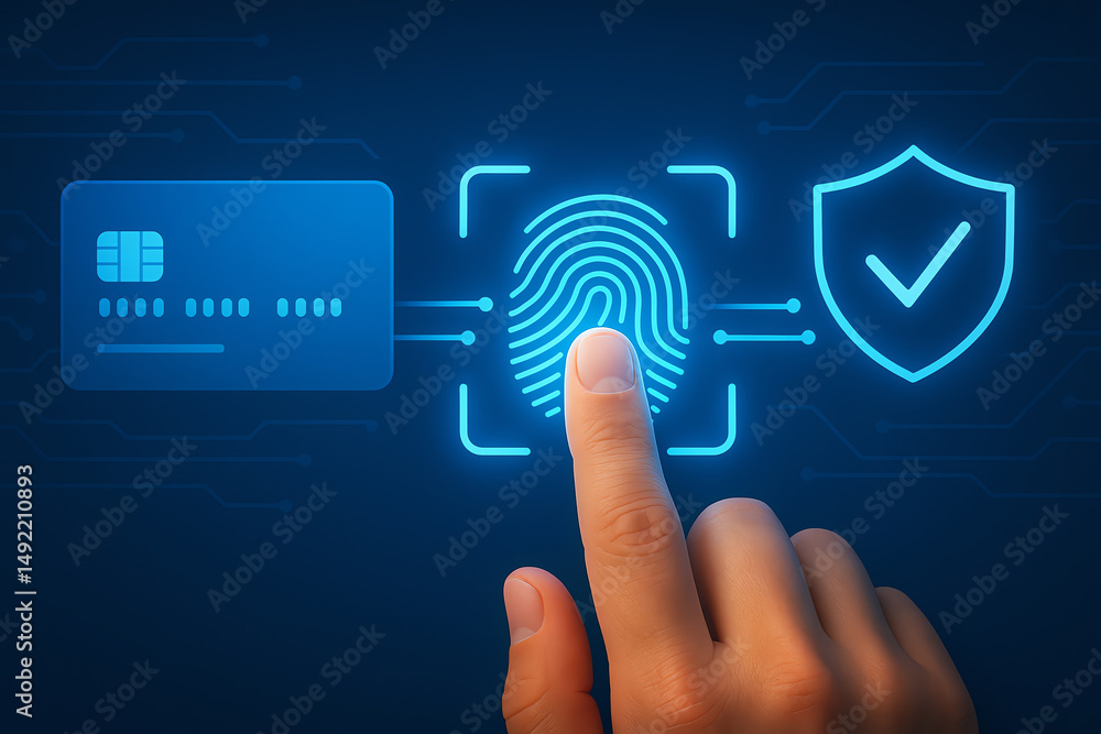 Poster a fingertip touching a digital fingerprint scanner, showcasing modern technology and security in dig