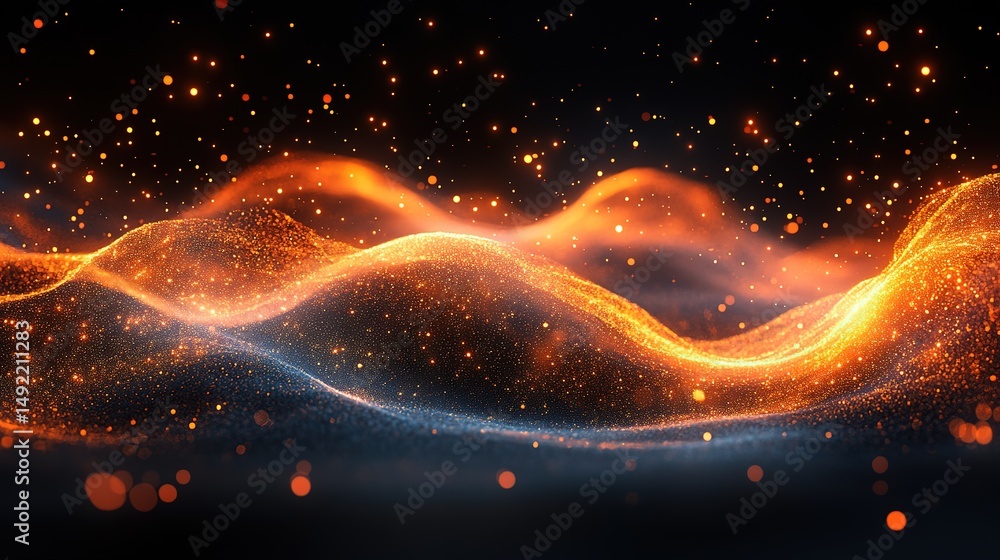 Poster glowing orange wave lines flowing across dark background with futuristic style, dynamic motion effec
