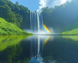 Fototapeta premium Majestic waterfall cascading into a serene lake with a rainbow.