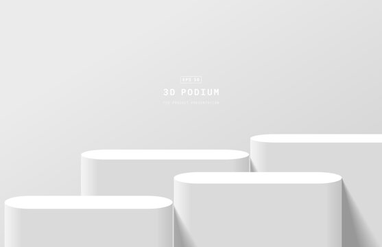 White studio room with realistic 3D round podium or pedestal for product display. Podium scene for product mockup. 3d stage for showcase. Vector geometric platform. Minimal wall scene for mockup.