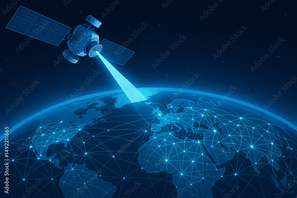 Aufkleber a futuristic satellite transmits data to earth, illustrating global connectivity and advanced commun