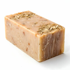 A handmade soap bar is isolated on a white background, showcasing its natural texture, rich color, and organic ingredients.