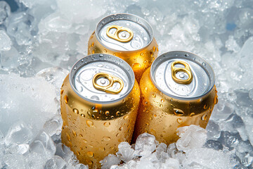 Three chilled golden cans with condensation on ice, offering a refreshing look for summer.