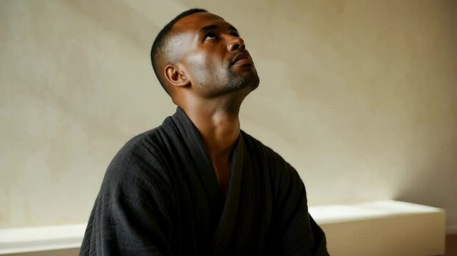 Reflective moment: man in contemplation and serenity indoors with natural light