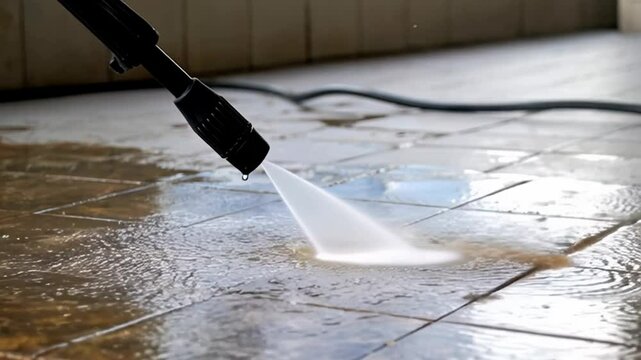 High-pressure water jet cleaning dirty tiled floor. Powerful stream washing away grime in satisfying cleaning process for maintenance and hygiene purposes.