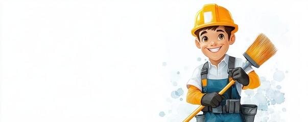 Cheerful construction worker in yellow hard hat and work gloves holding a large paintbrush standing confidently with a smile