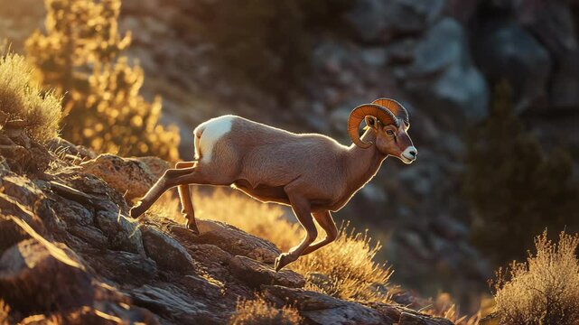 Majestic Bighorn Sheep Running Gracefully Across Rocky Terrain at Golden Hour in Stunning Detail