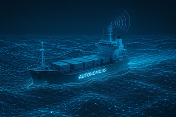 A futuristic autonomous cargo ship navigating through digital waves, showcasing the intersection of technology and maritime transport