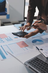 Accounting company provide finance and taxation planning for profitable cash flow, Auditor and accountant team working in office, analyze financial data and accounting record with calculator.Insight