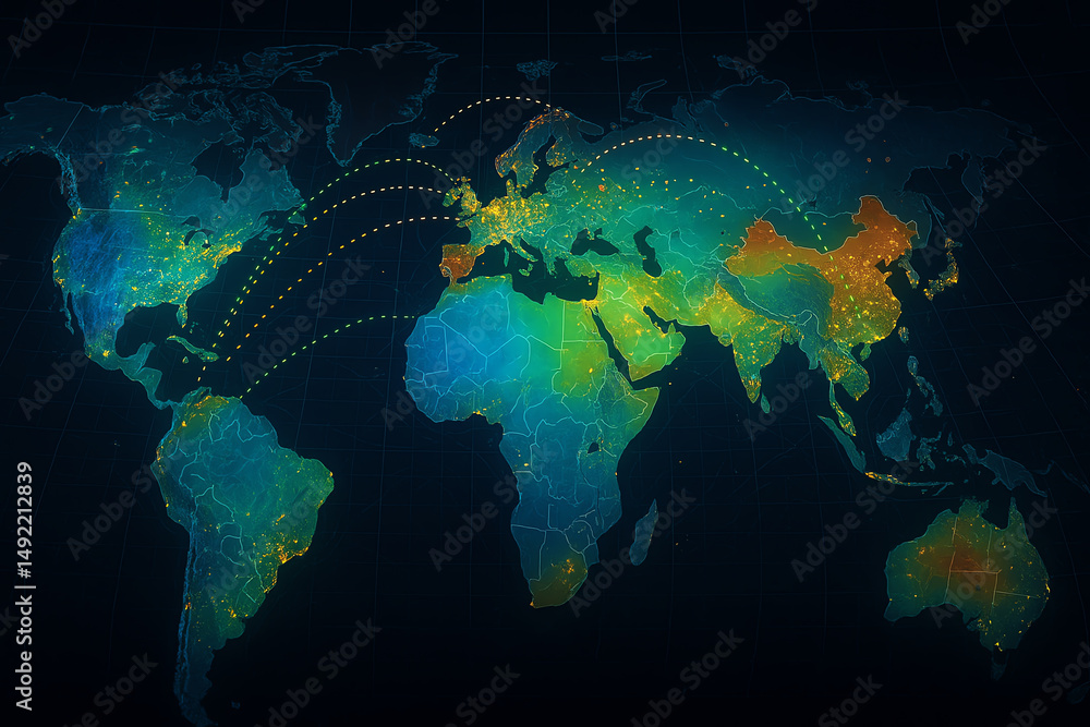 Poster a vibrant digital world map showcasing global connections and data flow. ideal for illustrating netw