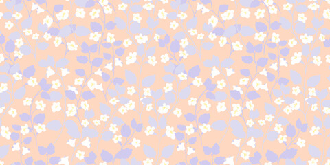 Seamless vector floral pattern with pastel flowers and lush leaves on a light soft beige background. Elegant and modern, ideas for textiles, wallpaper, packaging, fashion, wedding invitations