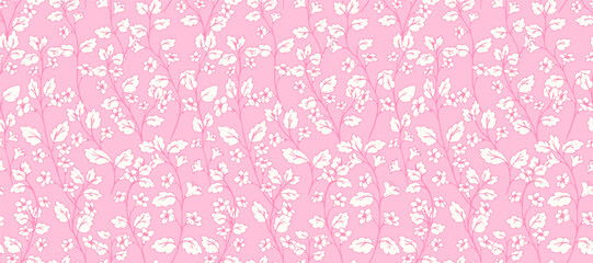 Seamless vector pattern with hand drawn floral branches on a pastel pink background. Delicate vintage look perfect for ornament, fabrics, packaging, stationery, designs print