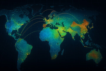 Naklejka premium A vibrant digital world map showcasing global connections and data flow. Ideal for illustrating networking, technology, and international communication themes.