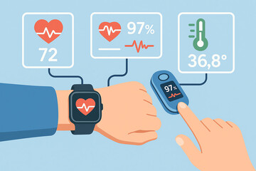 An illustration of health monitoring technology featuring a smartwatch displaying heart rate, blood oxygen levels, and temperature readings for a complete health overview.