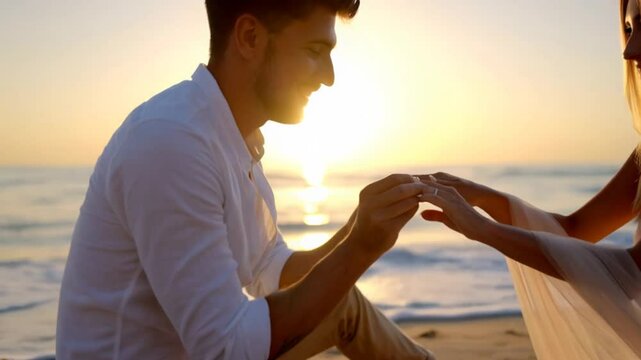 Man places engagement ring on woman's finger at sunset by the sea. Romantic proposal scene filled with love, commitment, and magical beach moment.