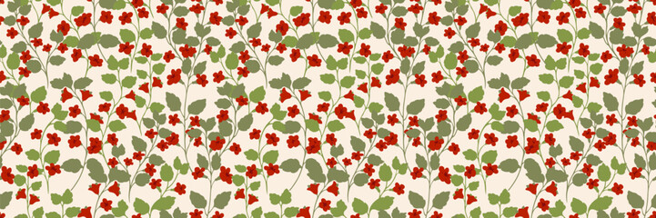 Vintage floral seamless vector pattern with tiny flowers and small green leaves on a black background. Bold and elegant, ideas for fashion, fabric design, packaging, and digital prints