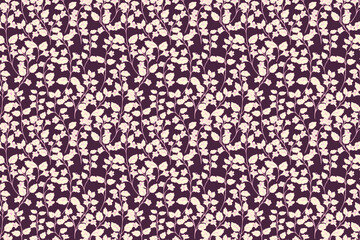 Seamless vector pattern of light floral branches on a deep violet background. Elegant and romantic design ideal for textiles, wallpapers, packaging, and botanical themed projects