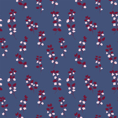 Seamless vector pattern with delicate wildflowers and leaves on a muted blue background. Minimalist floral design ideal for textiles, wallpapers, packaging, and digital prints.