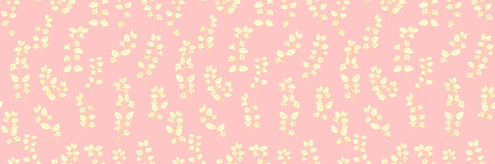 Seamless vector pattern with delicate  wildflower stems and leaves on a pastel pink background. Ideal for ornament, fabric, wallpaper, stationery, and surface design