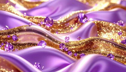 realistic lilac and golden background with pearls and gemstones