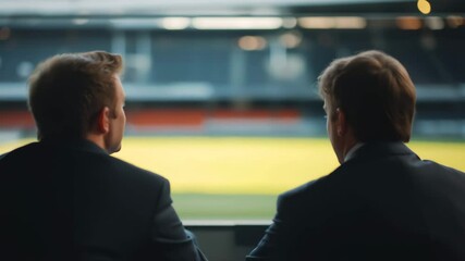 Businessmen strategize while observing stadium field from vip lounge