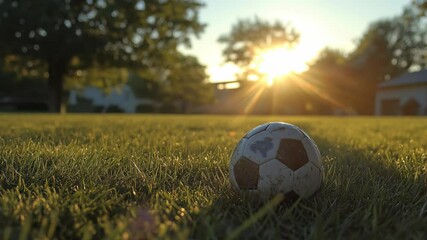 A scuffed soccer ball rests on dewy grass as children run toward it in the evening sunlight - Powered by Adobe