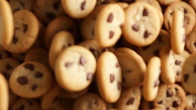 Closeup movement of freshly baked chocolate chip cookies arranged in delicious overlapping pattern