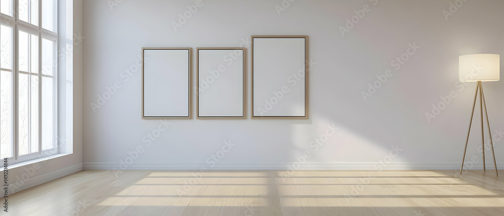 Poster empty room with three picture frames