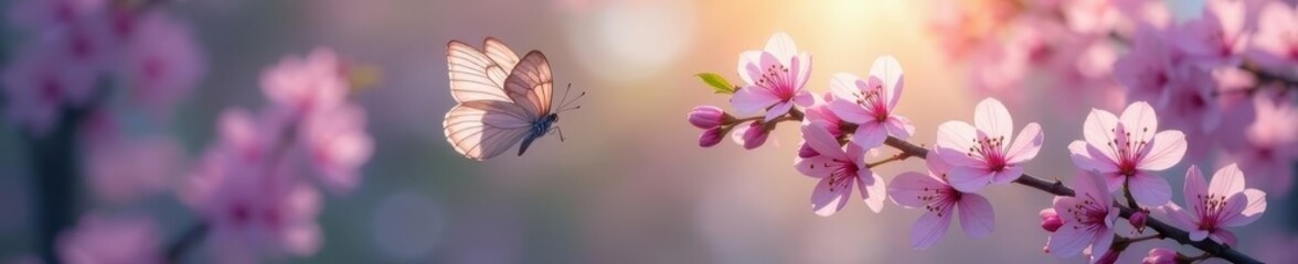 Obraz premium Delicate purple violet blossoms, butterfly in flight, soft spring bokeh , blur, soft