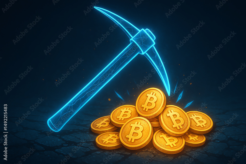 Poster a digital representation of cryptocurrency mining, featuring a glowing pickaxe and a pile of bitcoin