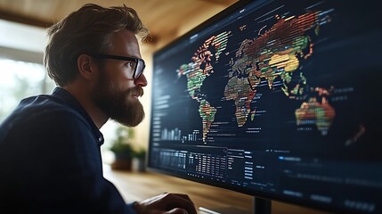 Man analyzing global data on large monitor.