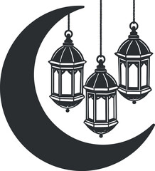 Eid Mubarak Silhouette, Crescent Moon and Lantern Vector