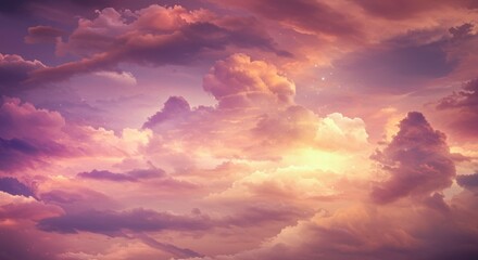 Obraz premium Dreamlike Sunset Sky Golden Hues Fluffy Clouds and Sparkling Stars