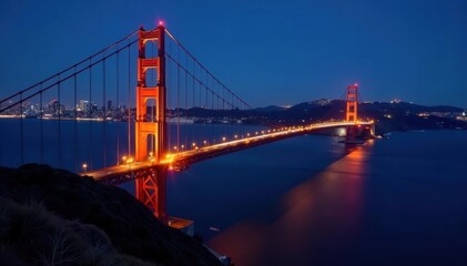 Fototapeta premium Night view, Golden Gate Bridge spans across illuminated bay, suspension, usa