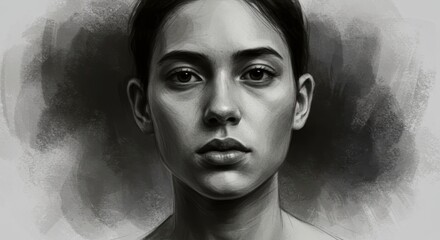 Monochrome Portrait of a Young Woman s Face Pensive Expression Artistic Digital Painting