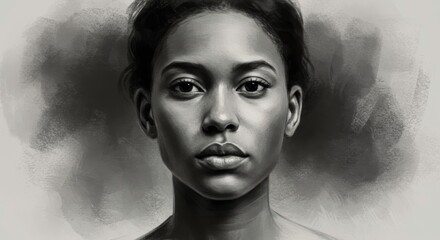 Pensive Black and White Portrait of a Young Woman Monochrome Female Face Artistic Digital Painting