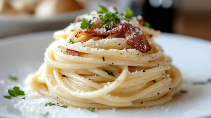 Spaghetti carbonara with creamy sauce, crispy pancetta, and a layer of grated Parmesan cheese.