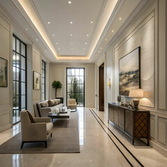 High-end home decor featuring subtle minimalist interiors, isolated on a white background, showcasing sleek furniture