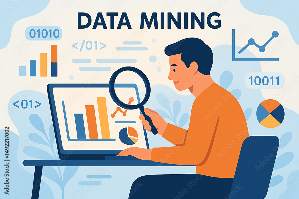 Poster a focused individual analyzes data mining trends on a laptop, surrounded by colorful charts and grap