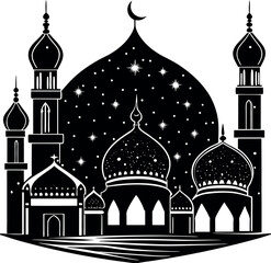 Eid Mubarak Silhouette, Crescent Moon and Lantern Vector