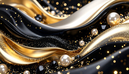 realistic black and golden background with pearls and gemstones