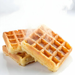 A homemade waffle is isolated on a white background, highlighting its golden-brown, crispy texture, with perfectly formed grid
