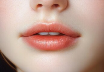 Fototapeta premium Close-up of softly parted lips and lower nose on smooth, fair skin showing subtle natural texture and gentle light reflection