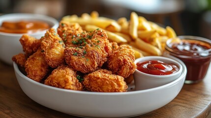 Plate of crispy fried chicken nuggets garnished with herbs served with golden French fries and small bowls of ketchup and barbecue sauce on a wooden table
