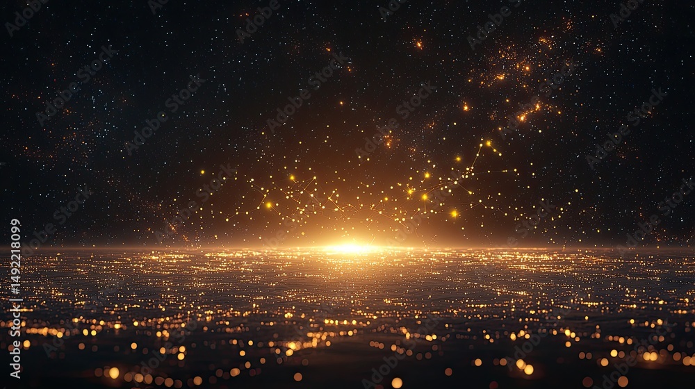 Poster create a radiant graphical representation depicting relationships between elements, glowing in warm 