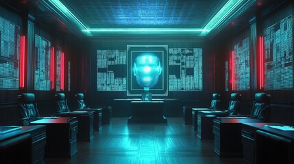 A real-time AI-powered lie detector scanning micro-expressions in a futuristic courtroom